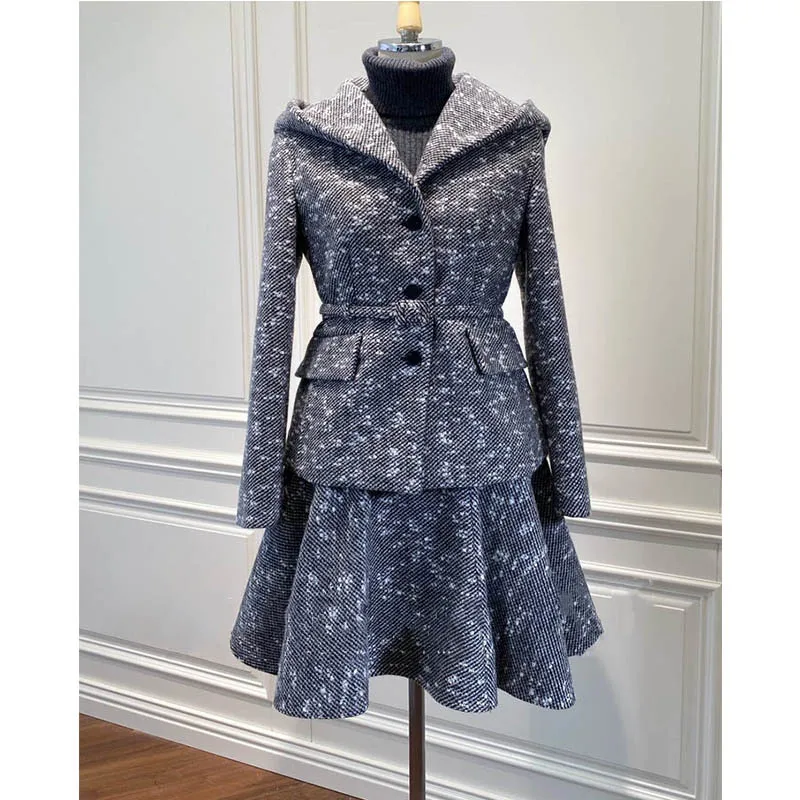 

Женский твидовый костюм-двойка Atheflow, осенний костюм из двух предметов в стиле ретро, твидовая куртка с длинным рукавом и облегающей талией, ...