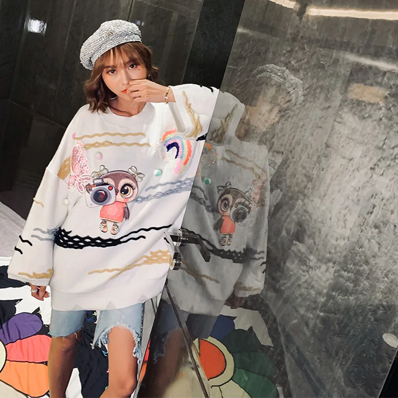 2019 осень мультфильм печати свитера с блестками Модные женские шикарные | Женская
