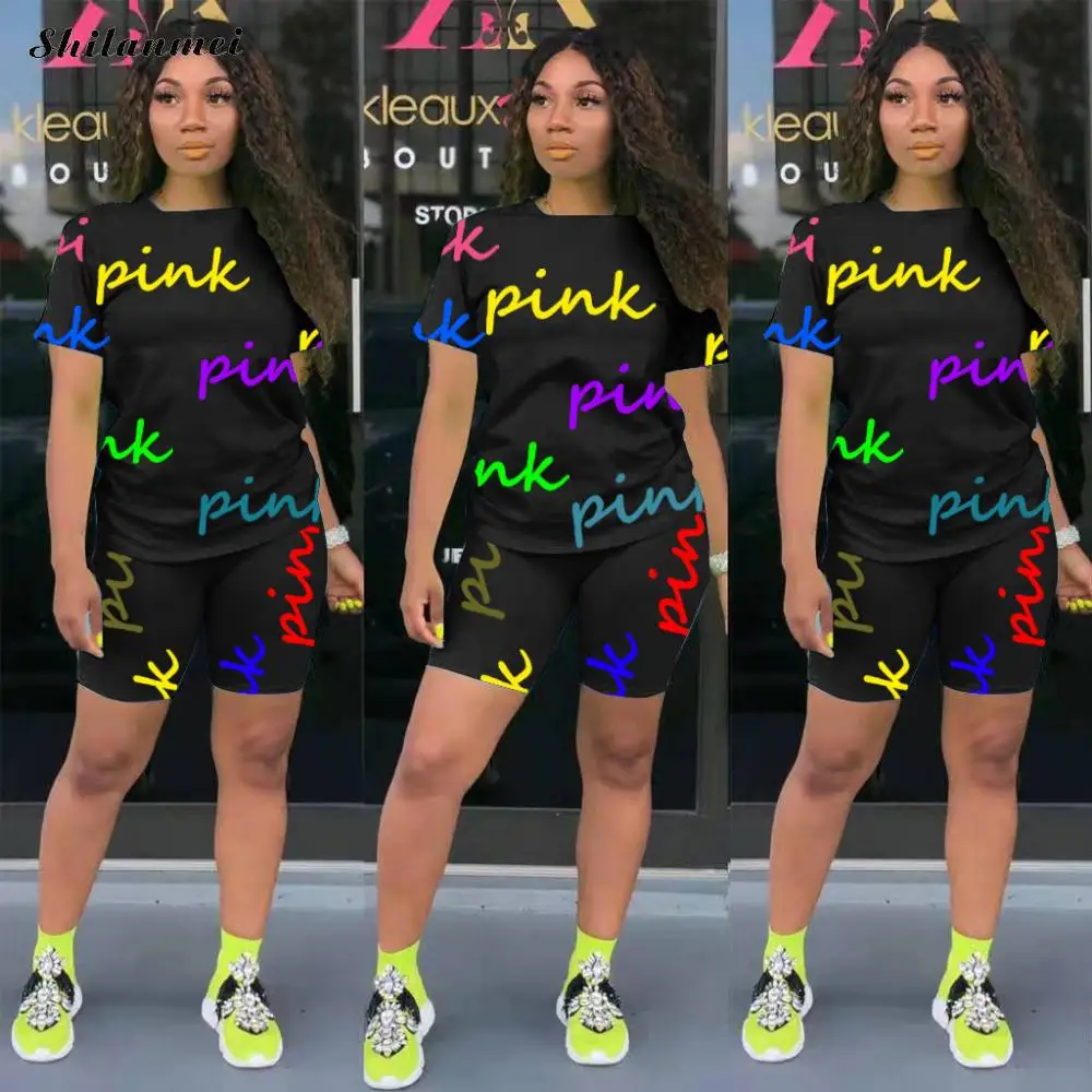 

Two Piece Set Women Pink Outfit Summer New Arrival 2022 Tracksuit Clothing Letter Print Matching Casual 2 Piece Biker Short Sets