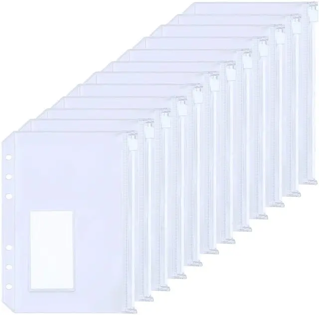 

12Pcs A5/A6 Size Binder Pockets with Label PVC Cash Budget Zipper Envelopes 6-Holes Binder Pouches Folders for Notebook