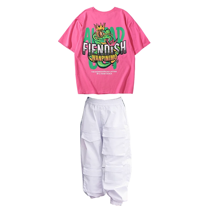 

Jazz Costumes Girls Boys Street Dance Clothes Loose Cartoon T-Shirt Pants Hip Hop Outfit Children Stage Performance Wear DN5822