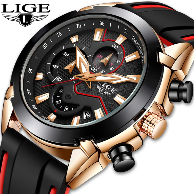 Часы наручные LIGE мужские с силиконовым ремешком брендовые Роскошные светящиеся