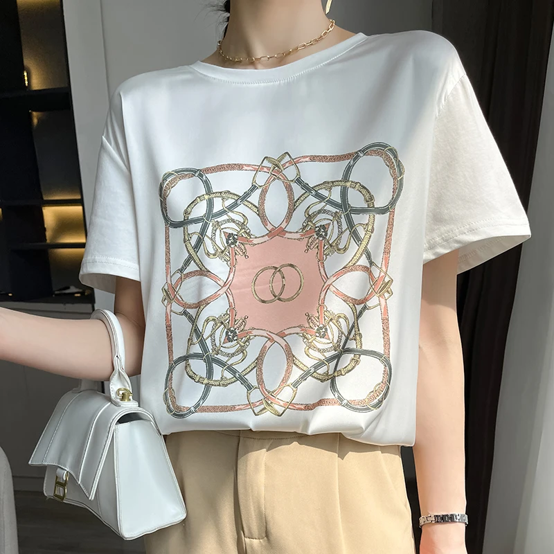 Новая Летняя шелковая атласная футболка с коротким рукавом принтом тутового