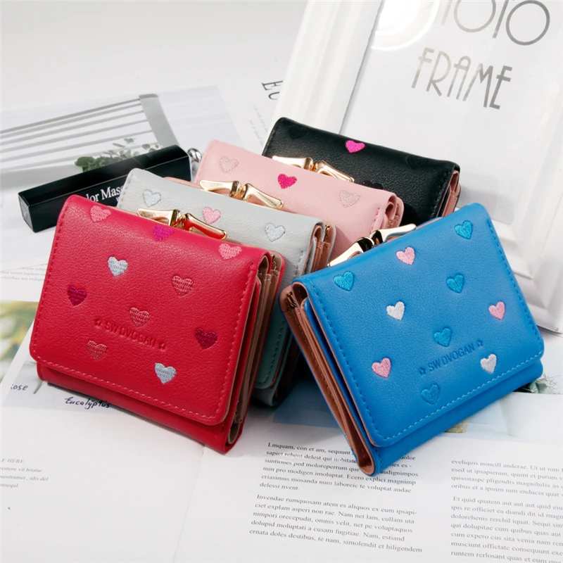 

Multi-function Women's Mini Wallet Candy Color Heart-shaped Embroidery Women Short Wallet Cute Coin Purse Card Package