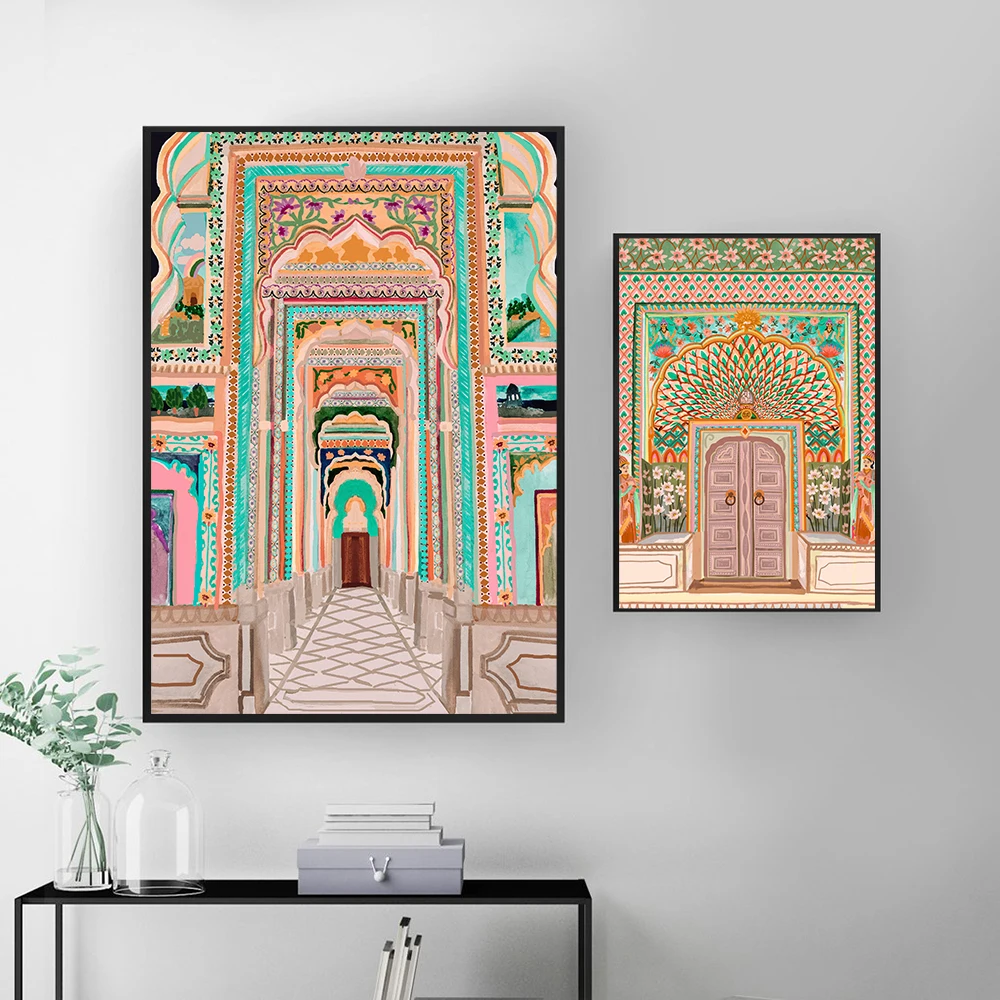 Акварель марокканская дверь винтажный постер коридор архитектура