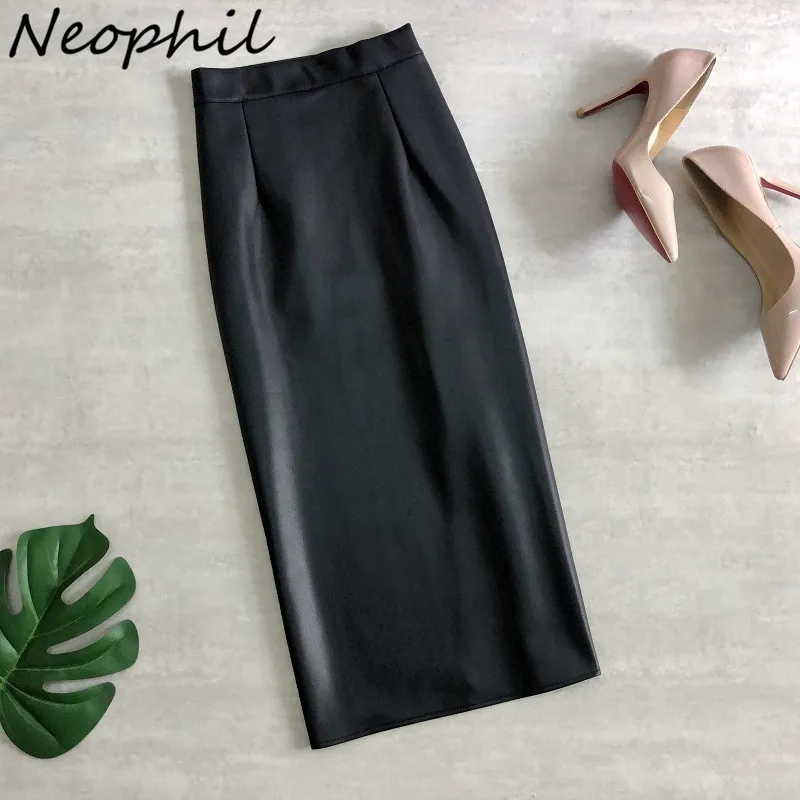 

Neophil 74cm Women's Winter Pu Leather Midi Skirts Pencil Bodycon Elegant Office Ladies High Waist Faux Stretch Sexy Skirt S9902