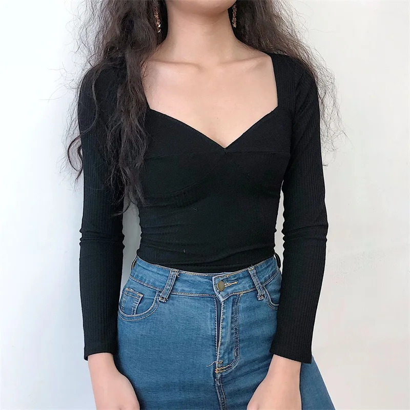

Long Sleeve Elegant Solid Women T-shirt Slim Sexy Clavicle High Waist Autumn Winter Basic Tee Tops Woman Aesthetic High Quality