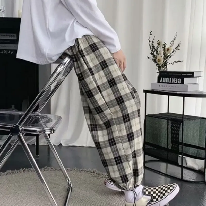 

Muyogrt Men Trousers Harajuku Casual Pants Women Lace Up High Waist Harem Pants Spring Streetwear High Waist Plaid Pants Female