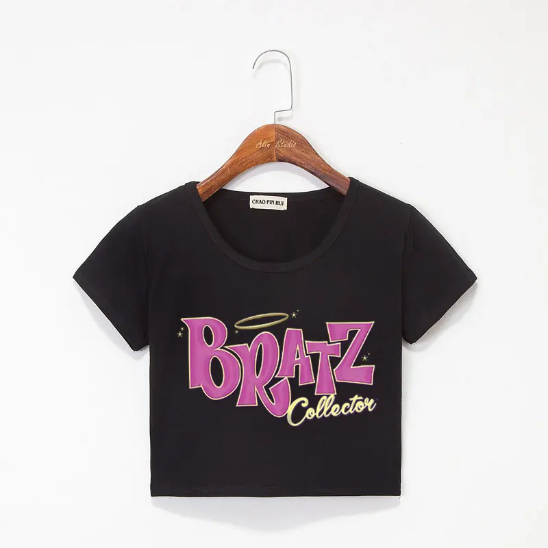 

2020 Women Fashion Clothing Bratz Rock Angelz Crop Top Exposed Navel T-Shirt Oversize O-neck Tops Women Funny Tshirt