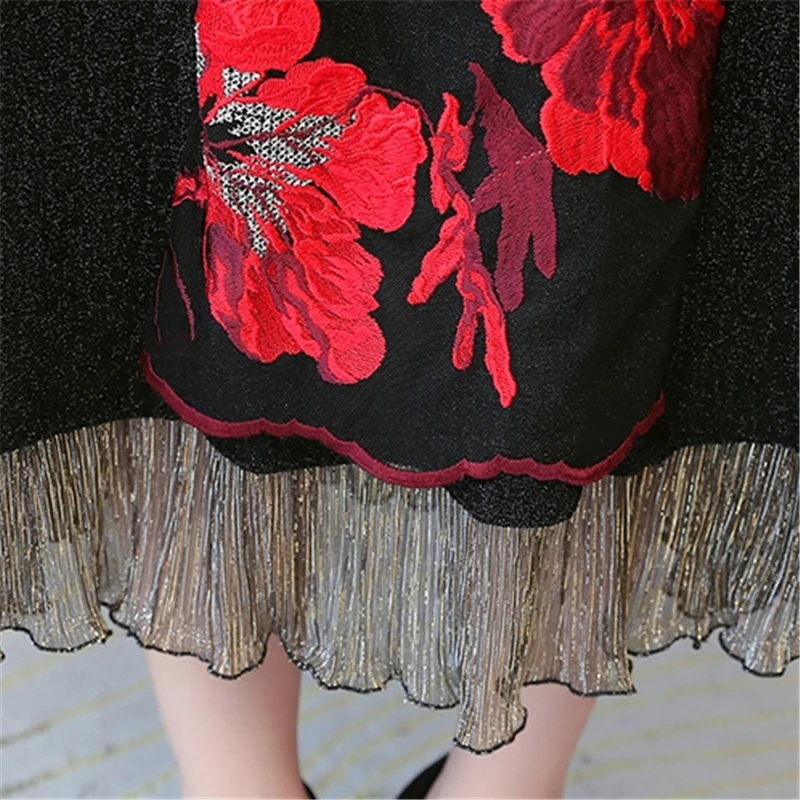 

JiuMeiDai Autumn Women Sexy Long Dress Office Lady Elegant Embroidery Dresses Female O-Neck Vintage Party Cheongsam Plus Size