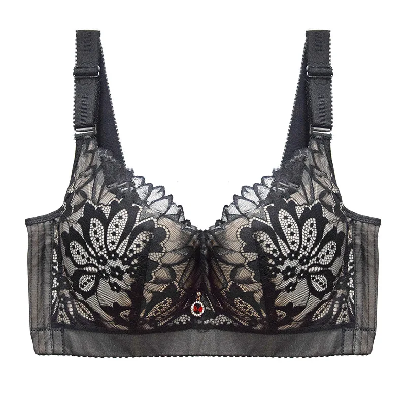 

2021 New Plus Size Bra European and Beautiful Women's Thin Sexy Gathered Lace Underwire Underwear Adjustable Breast Black Bra