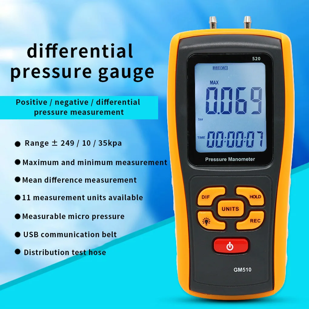 

Digital Pressure Gauge GM520 LCD Manometer Barometer Differential Air Pressure Tester Auto Power Off Measuring Tool USB Support