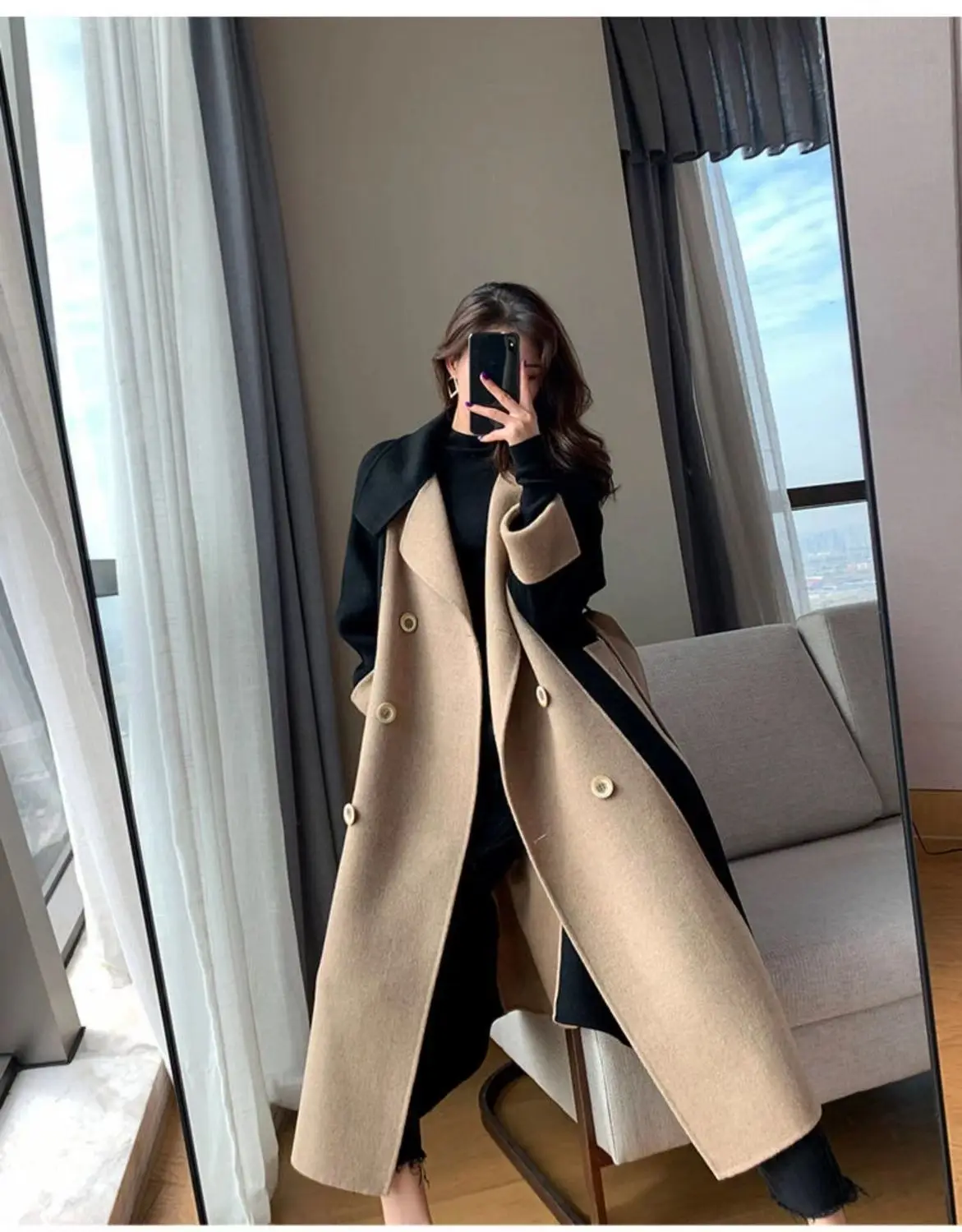 

Woolen coat female long section 2022 winter new double-sided fleece wool color matching temperament Hepburn thinner coat 600
