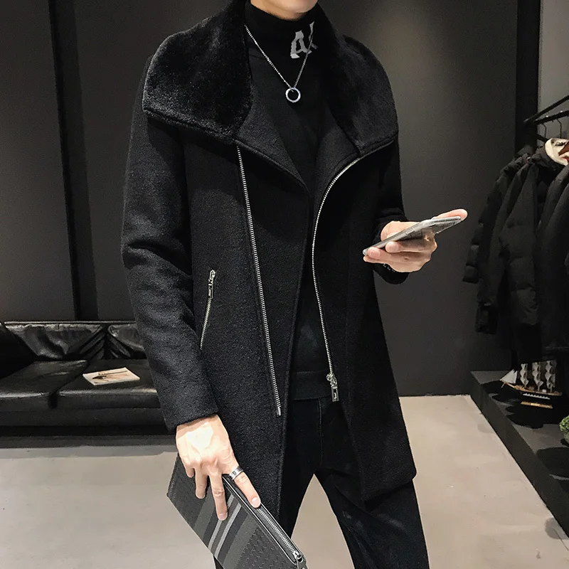 Мужское пальто с большим меховым воротником Мужская ветровка зимнее шерстяное