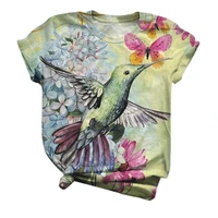 women blouse short sleeve hummingbird floral print cotton blend o neck t shirt top for summer