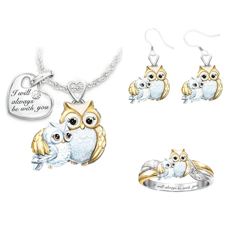 

Jusieber 2/3PCS Letter Cute Owl Jewelry Set Double Owls Children's Necklace Ring Jewelry Set Cartoon Animal Birthday Gift Rings