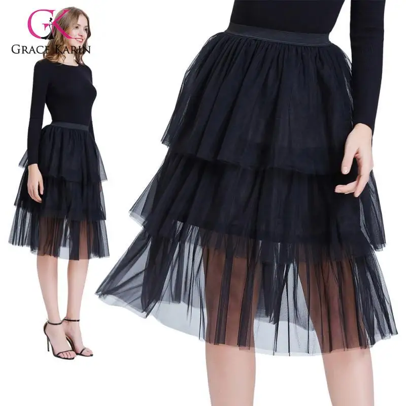 Grace Karin модная женская юбка черная Тюлевая сетчатая эластичная талия три яруса