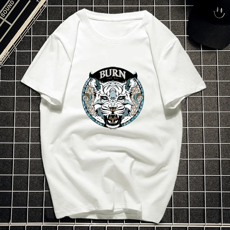 

Men Fashion Loose Round Neck Top Tiger Head Print T-shirt Men's Pure Cotton Casual Short Sleeve T Shirt New Brand Streetwear