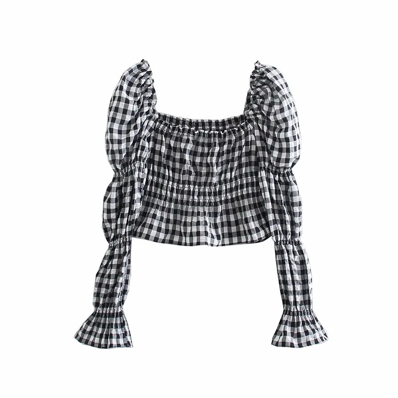 

EAYUCU All-match Age-reducing Plaid Top 2021 New Style Woven Fabric Bubble Long-sleeved Short Top ET101