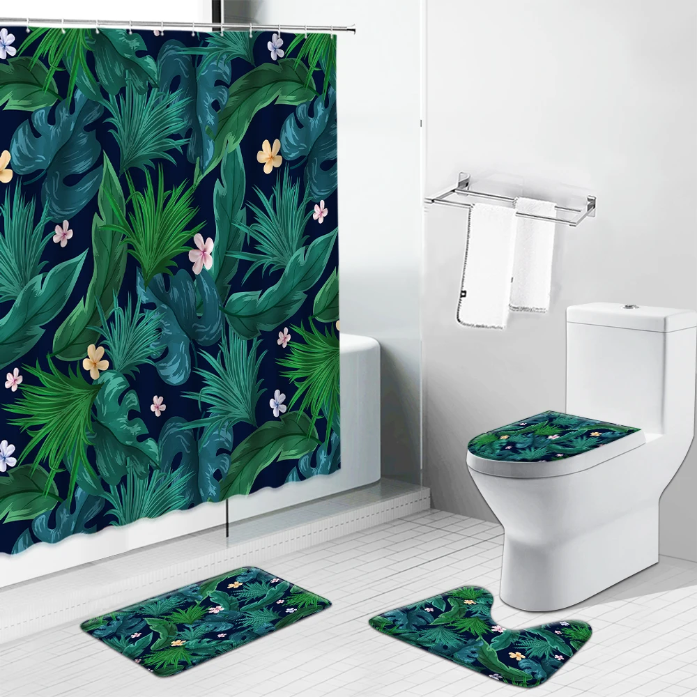 

Tropical Plants Green Leaves Printed Shower Curtain Set with Non-slip Toilet Lid Cover Mat Waterproof Bathing Screen Home Decor