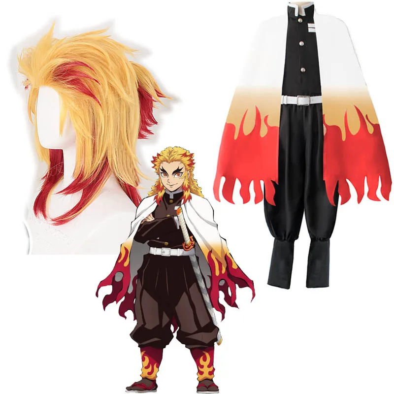 

Костюм для косплея Rengoku Kyoujurou, костюм для косплея из аниме «рассекающий демонов», парик и кимоно «no Yaiba» для взрослых на Хэллоуин