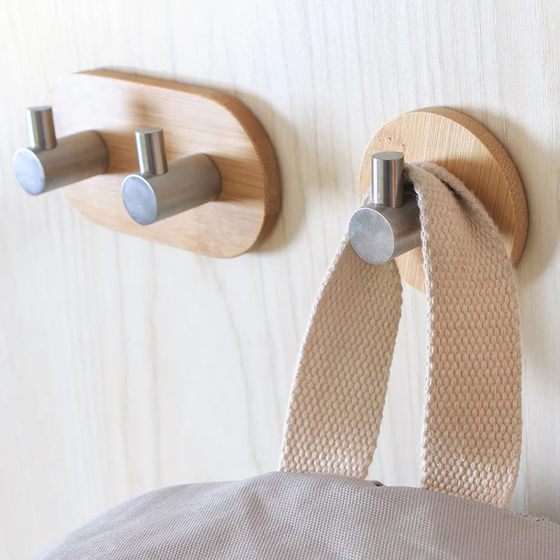 Kitchen Tool Natural Bamboo Stainless Steel Hook Wall Clothes Bag Key Hanger Bathroom Door Towel Rustproof Shelf K1300 E | Дом и сад