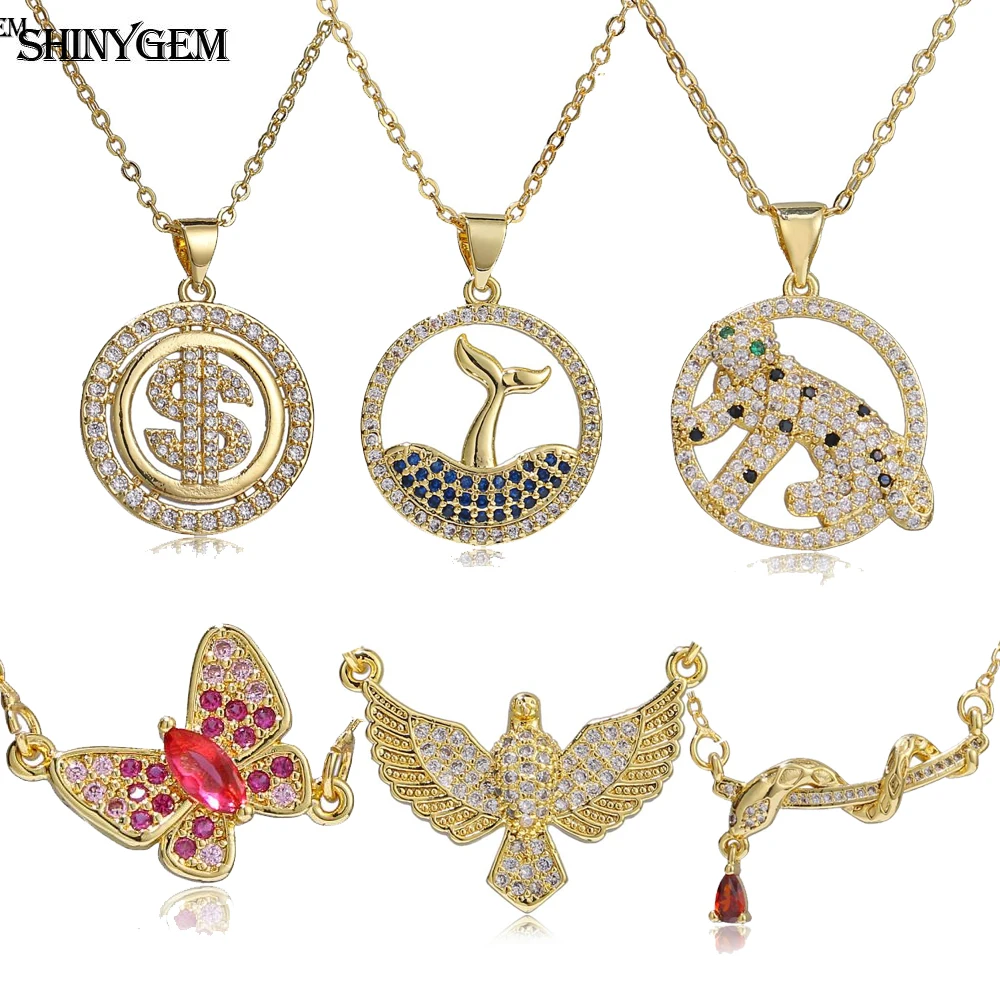 Lovely Fashion Necklace For Women 15-22mm Micro Zircon Inlaid Eagle Money Butterfly Cheetah Snake Fish Copper Gold Plating Chain