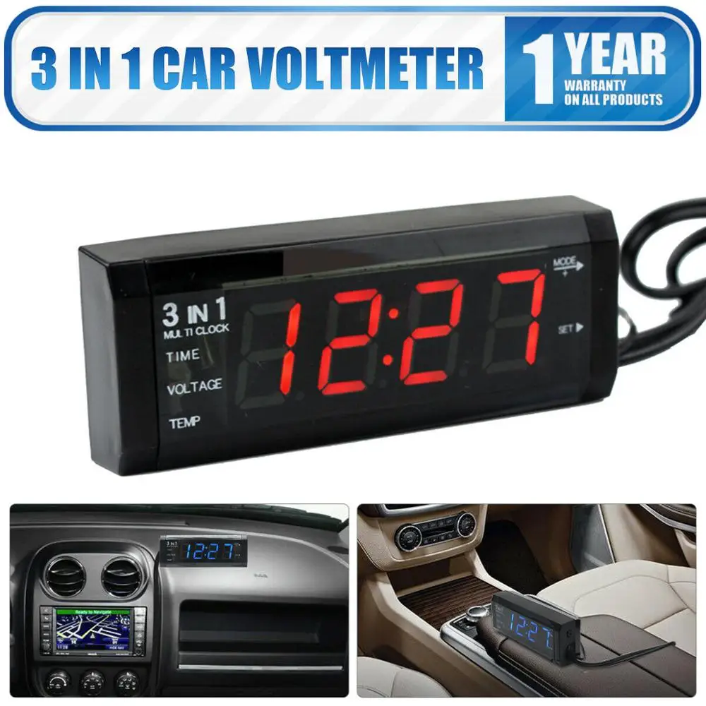

12V 3 in 1 car kit thermometer + voltmeter + clock LED digital display car red light multi-function electronic meter