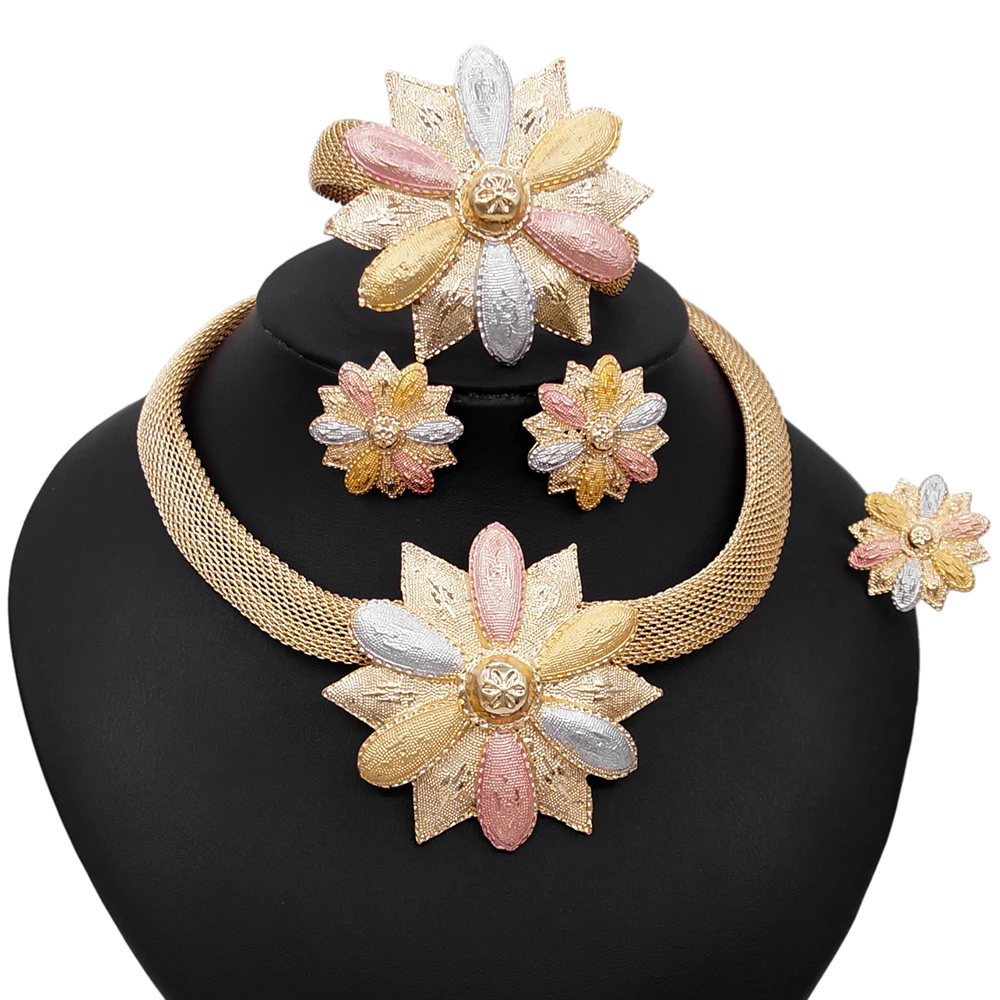 

Yulaili Flower Shape Necklace Stud Earrings Charm Bracelet Ring Jewelry For Women High Quality African Jewelery Set Wholesale