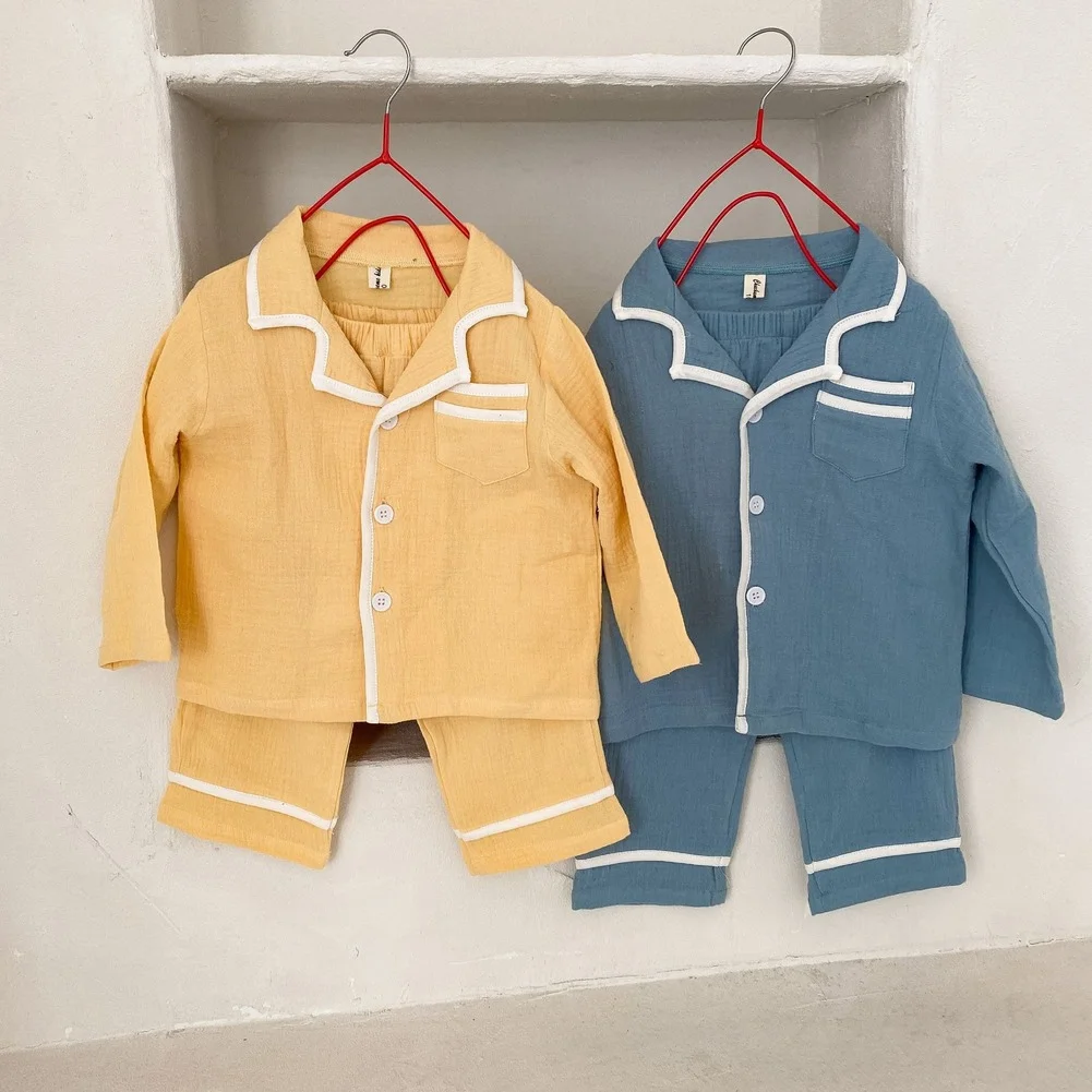 

FashionLong-sleeved Children's Top + trousers Pajamas Pajamas Kid Clothes Baby Pajamas Suit Boys And Girls Solid Color Clothing