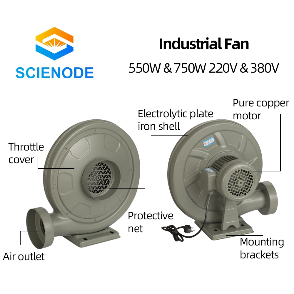 Scienode 220V 550W & 750W Exhaust Fan Air Blower Centrifugal for CO2 Laser Engraving Cutting Machine Medium Pressure Lower Noise enlarge