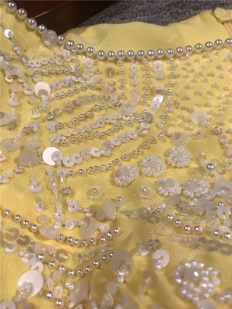 Yellow Color Heavy Beads Real Photos A-line Floor Length Party Prom Dancing Women Evening Dresses Gown