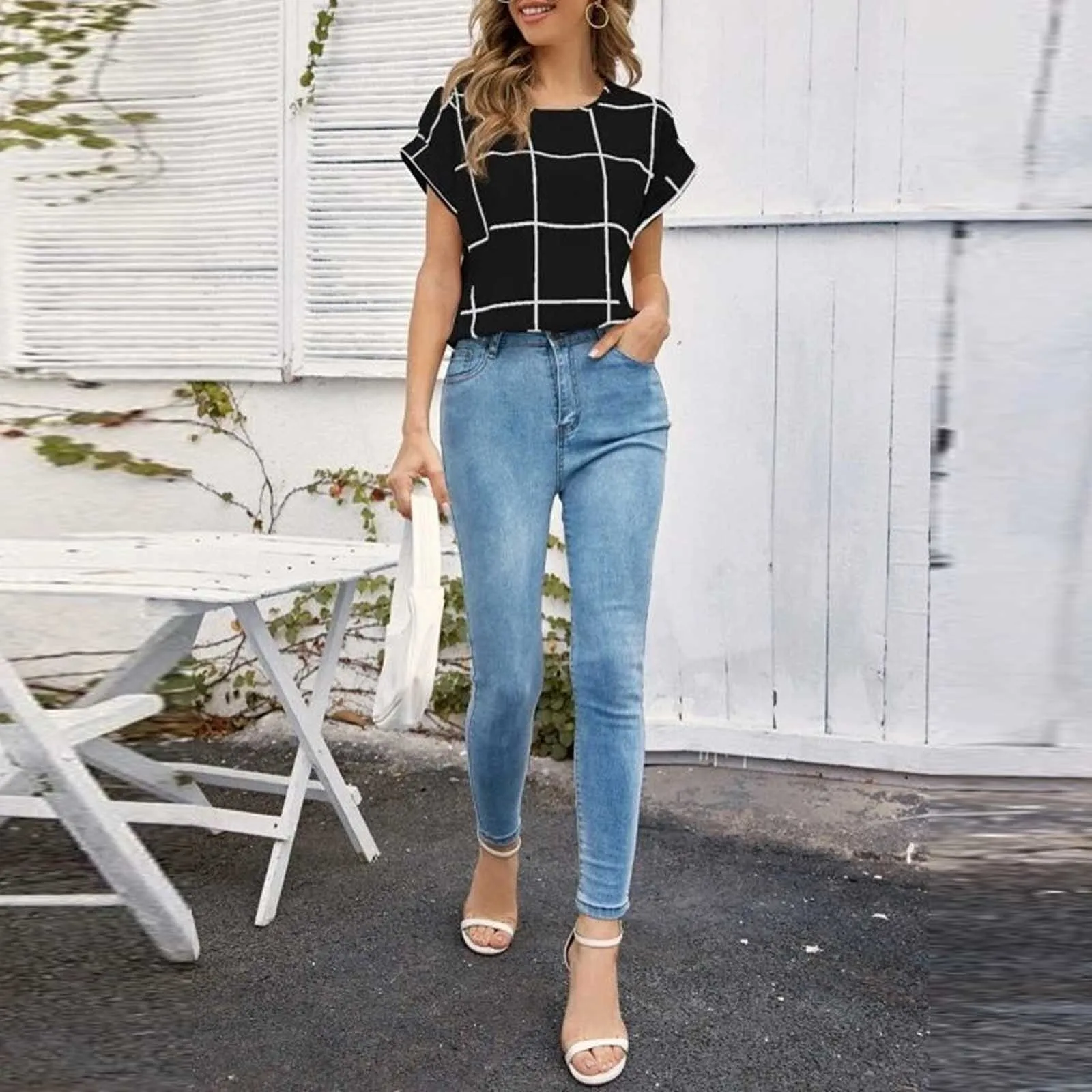 Элегантная клетчатая блузка Женский Повседневный пуловер в клетку с круглым