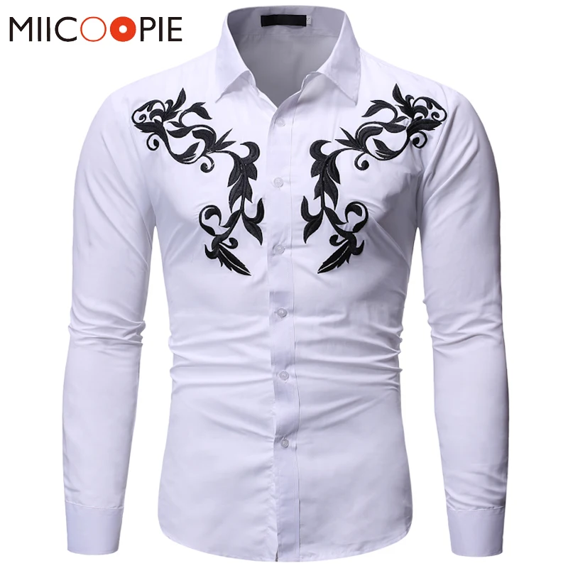 

High Quality Long Sleeve White Men Dress Shirts 2020 Spring Solid Color Casual Floral Embroidery Slim Fit Business Chemise Homme