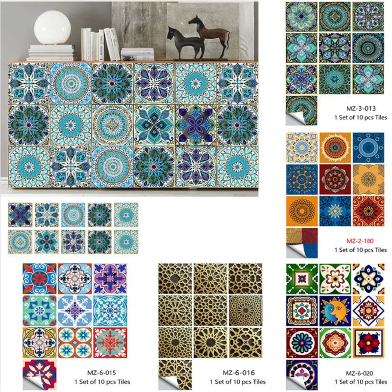 

10pcs/set Mandala Tiles Ceramics Style Wall Sticker Kitchen Wardrobe Home Decor Art Mural Peel & Stick Wall Decals