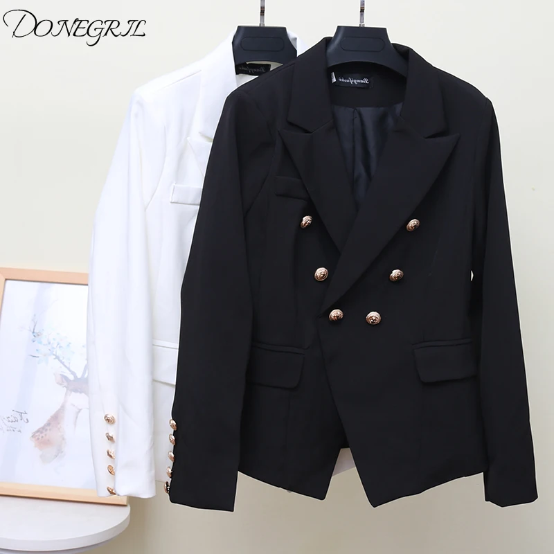 Высокое качество осень черный белый классический блейзер двубортный