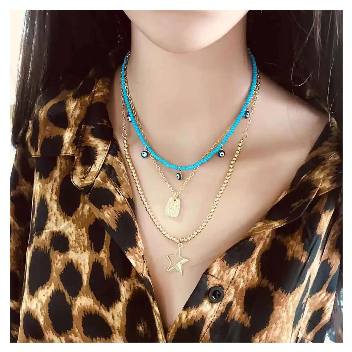 

European and American popular Bohemian double deck glass bead necklace spring and summer fashion jewelry wholesale