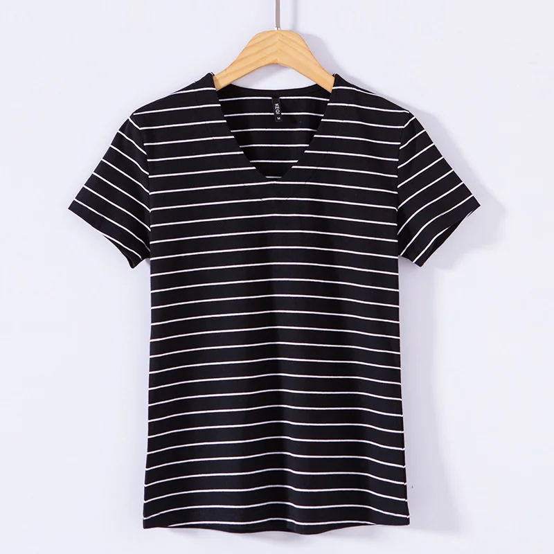 

V-neck hairpin striped T-shirt women's short sleeve fashion versatile Korean women's half sleeve slim bottoming shirt 2021