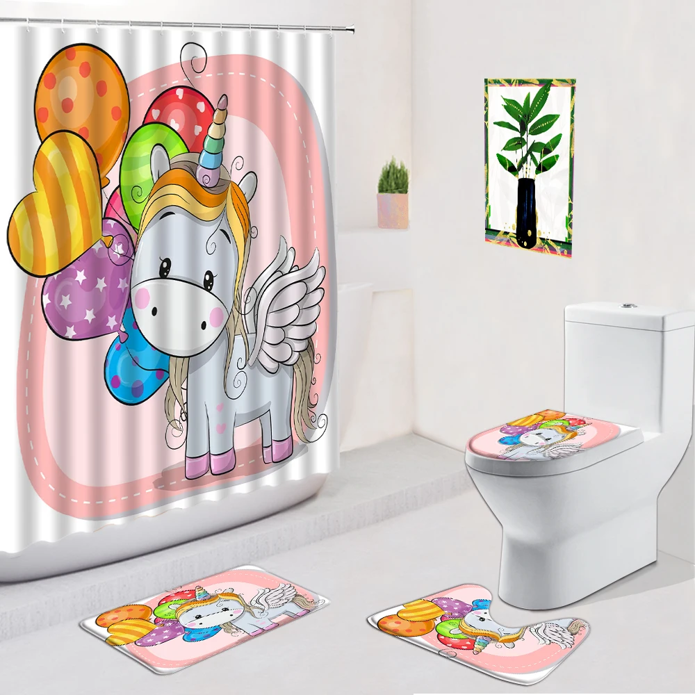 

Cat Shower Curtain Colorful Cartoon 3D Animal Bathroom Decoration Set Bathtub Screen Non-Slip Carpets Bath Mat Toilet Foot Pad