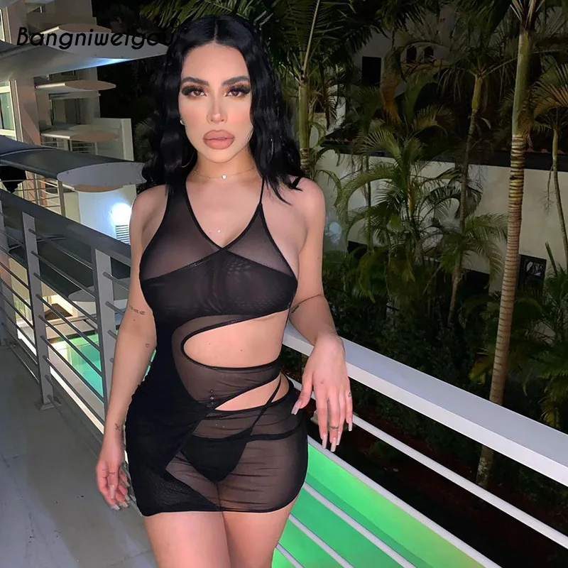 

Сексуальное Сетчатое прозрачное Клубное платье Bangniweigou на бретельках, женские черные вечерние бандажные мини-платья без рукавов