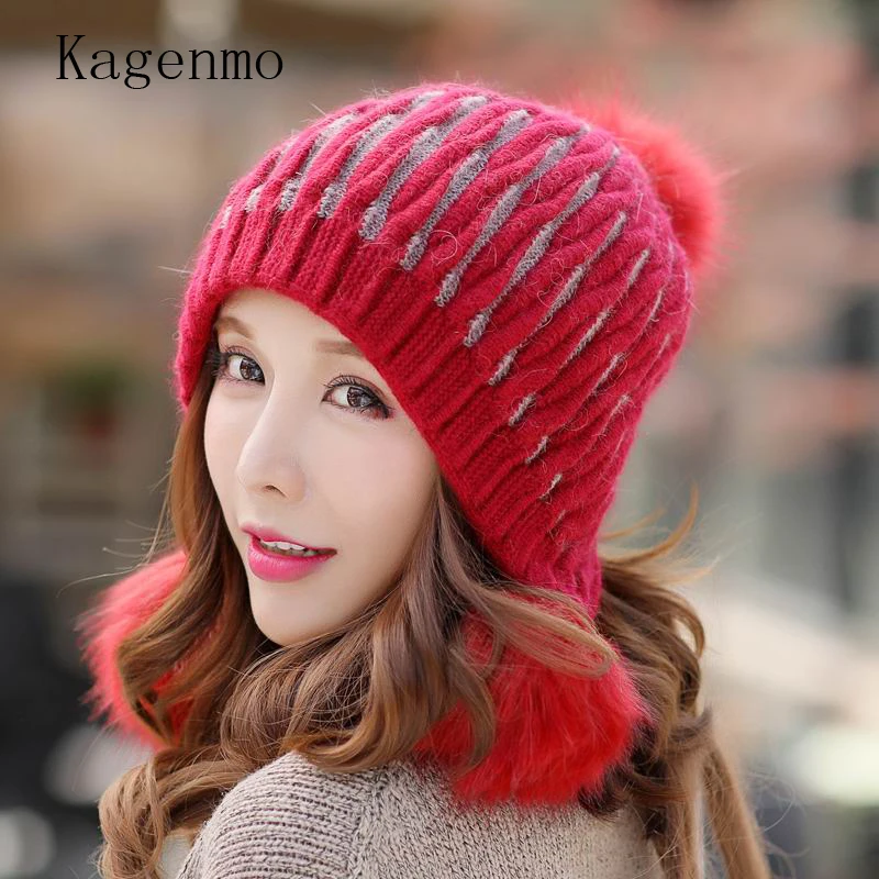 

Kagenmo Cute Female Witner Hat Thick Rabbit Fur Women'S Winter Warm Beret Knit Fur Mother's Outdoor Keep Warm Berets