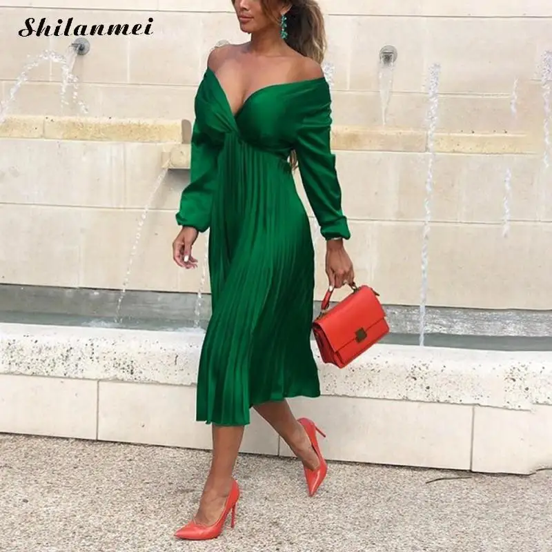 Vintage Green Satin Dress Women 2019 Autumn V-Neck Pleated Sexy Long Female A-Line Sleeve Elegant Party Dresses | Женская одежда