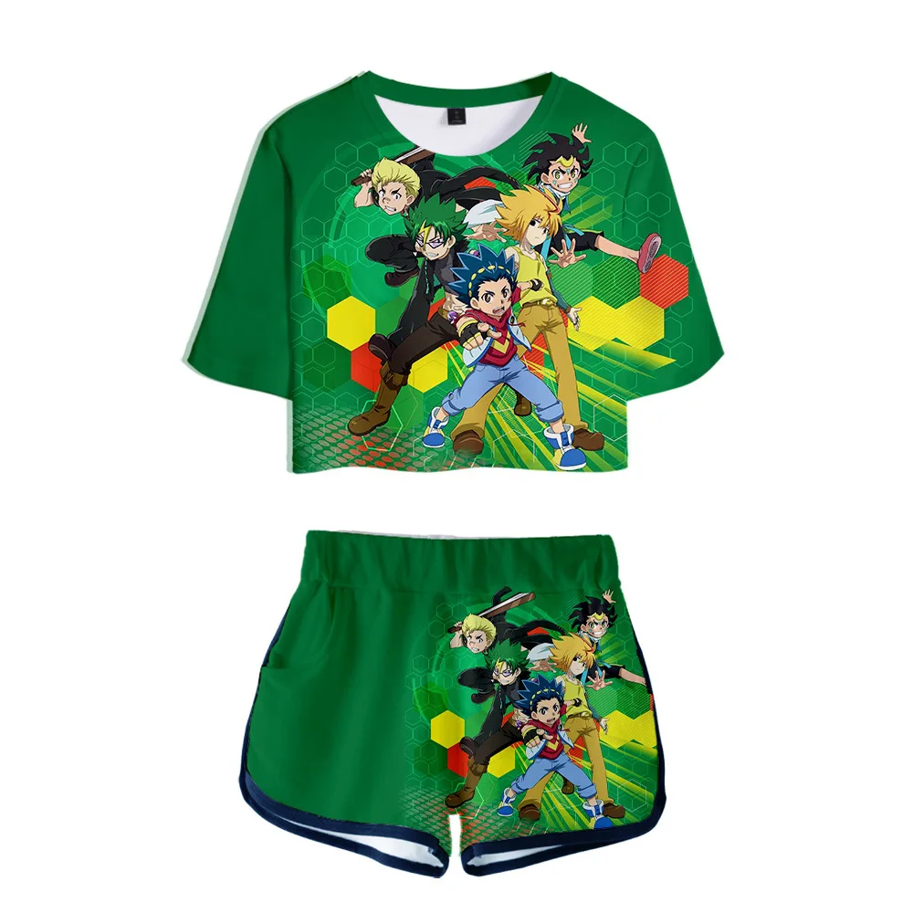 

2020 Beyblade Burst Evolution 3D Printed 2 Piece Outfits for Women Sweat Suits Two Piece Sets Top and Shorts Ladies Tracksuits