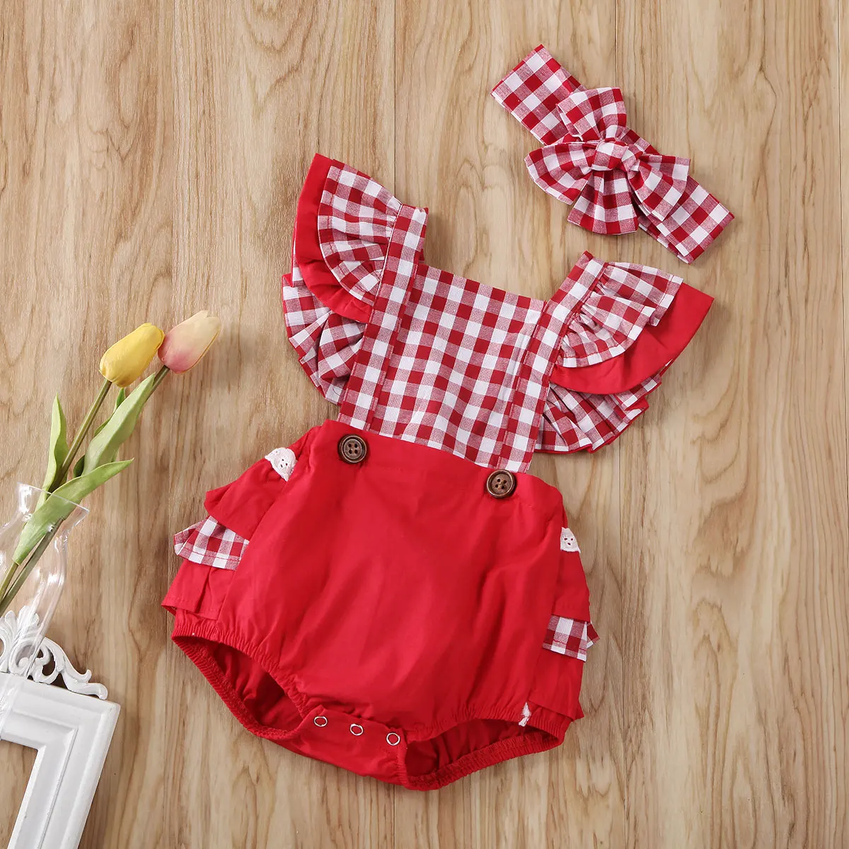 Комбинезон с повязкой на голову для девочек 2 шт. красный в клетку оборками