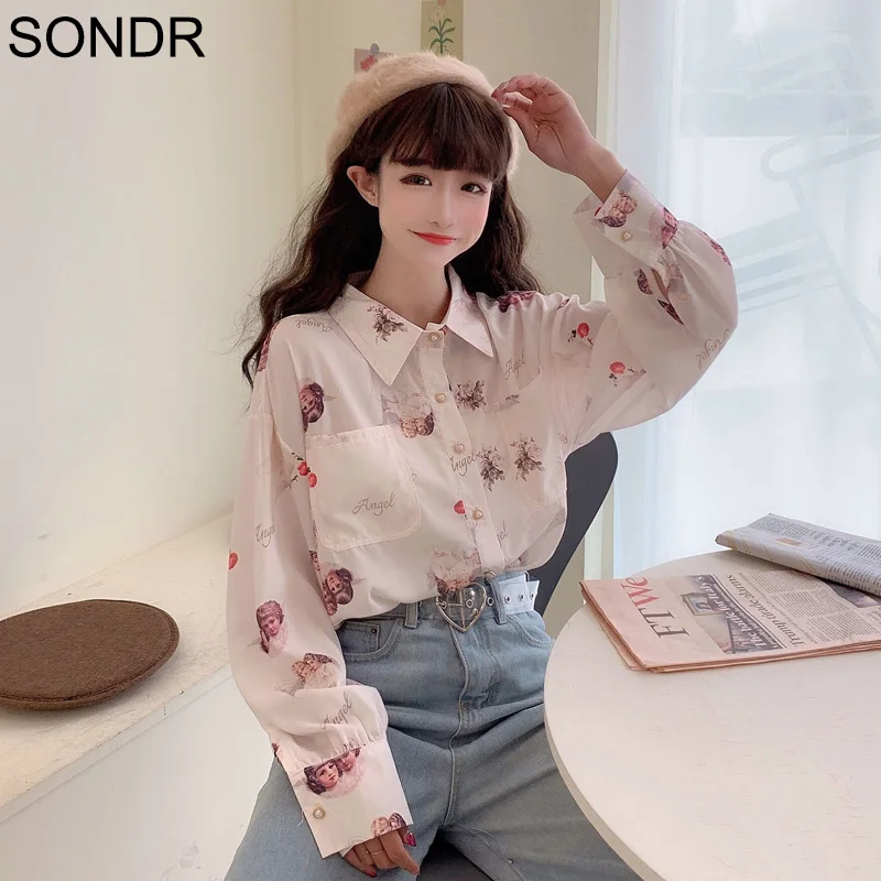 Осенняя женская рубашка 2020 Новинка Топ с длинным рукавом японским фонариком и