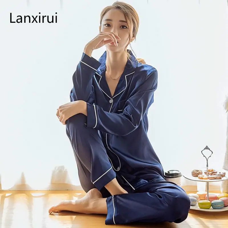 

Womens Silk Satin Pajamas Pyjamas Set Long Sleeve Sleepwear Pijama Pajamas Suit Female Sleep Two Piece Set Loungewear