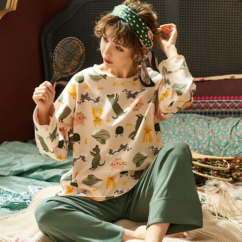 

JVCAKE Long Sleeve Pamajas Sets 100% Cotton Animal Loose Homewear Sleepwear for Women Night Home Clothes Autumn Winter