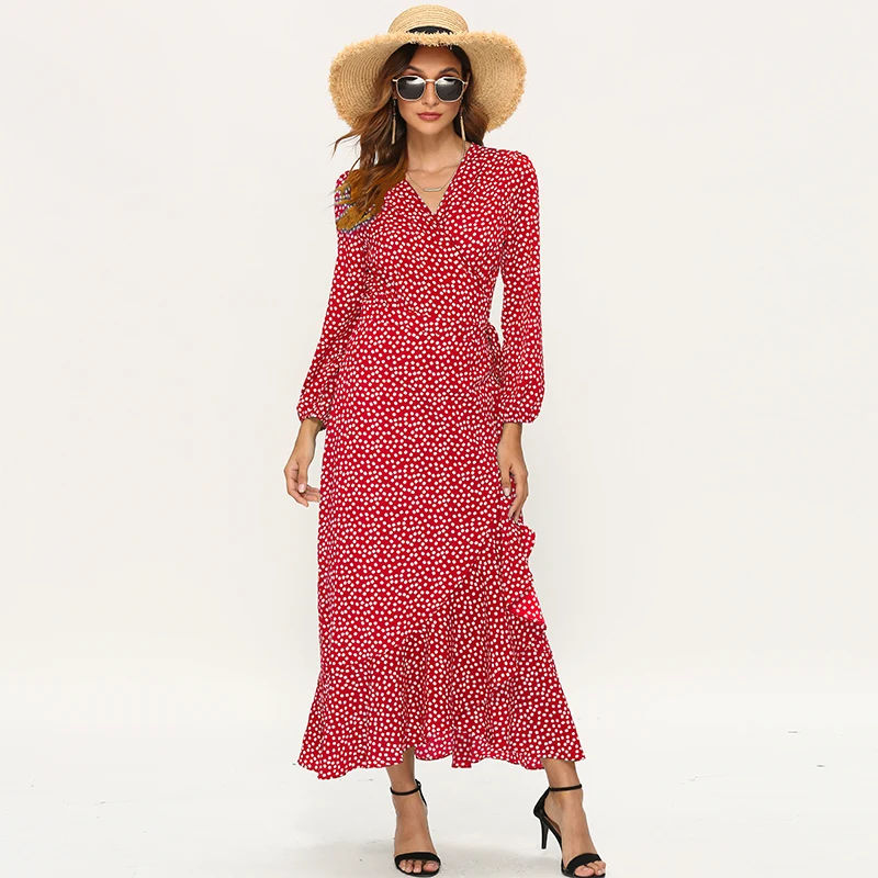 

2020 Women Sexy V Neck Dress Cross Belt Split Dots Print Vintage Beach Boho Dresses Autumn Ruffle Plus Size Wave Point Vestidos