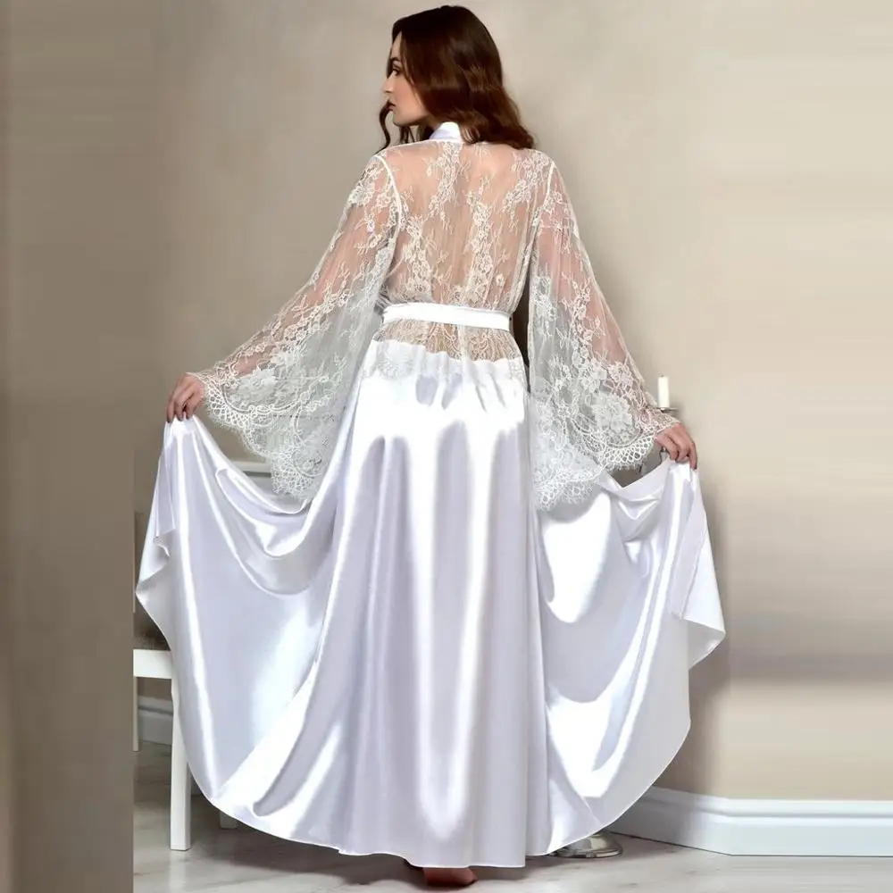 Сексуальные кружевные женские халаты, пижамы peignoir femme шелковые, атласные, с кружевами нижнее белье пижамы кимоно длинный халат подружки невесты Gow халат атласный