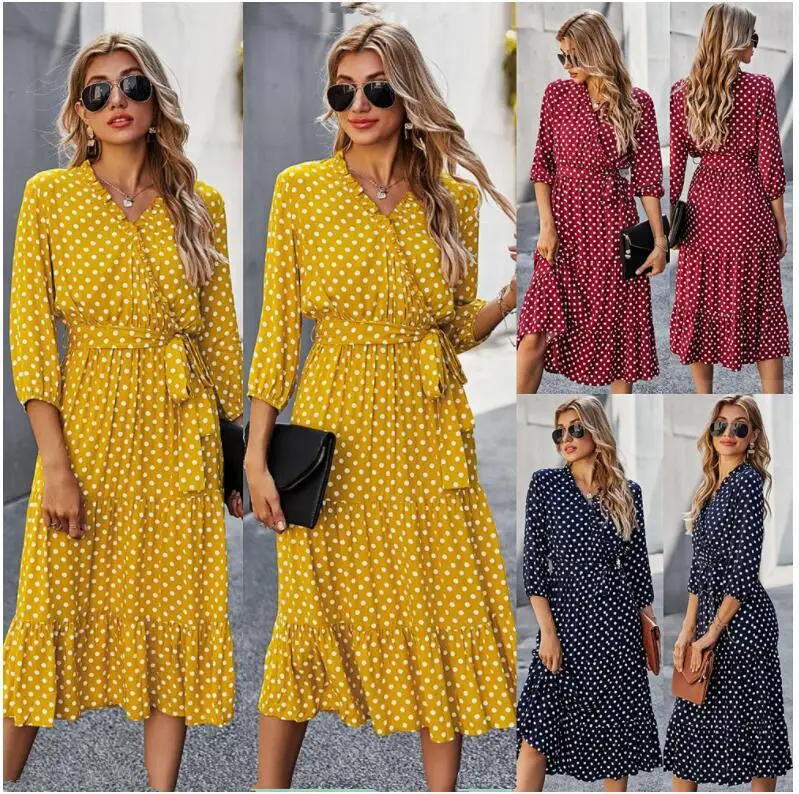 

2022 Polka Dot Dress Women's V-neck Loose Waist Belted Long Skirt